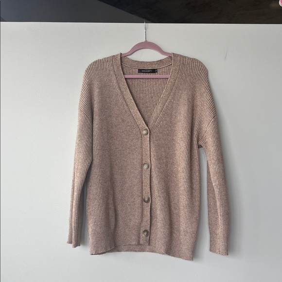 Knit Cardigan Sweater with long sleeves v neckline front buttons - color tan - Picture 3 of 5